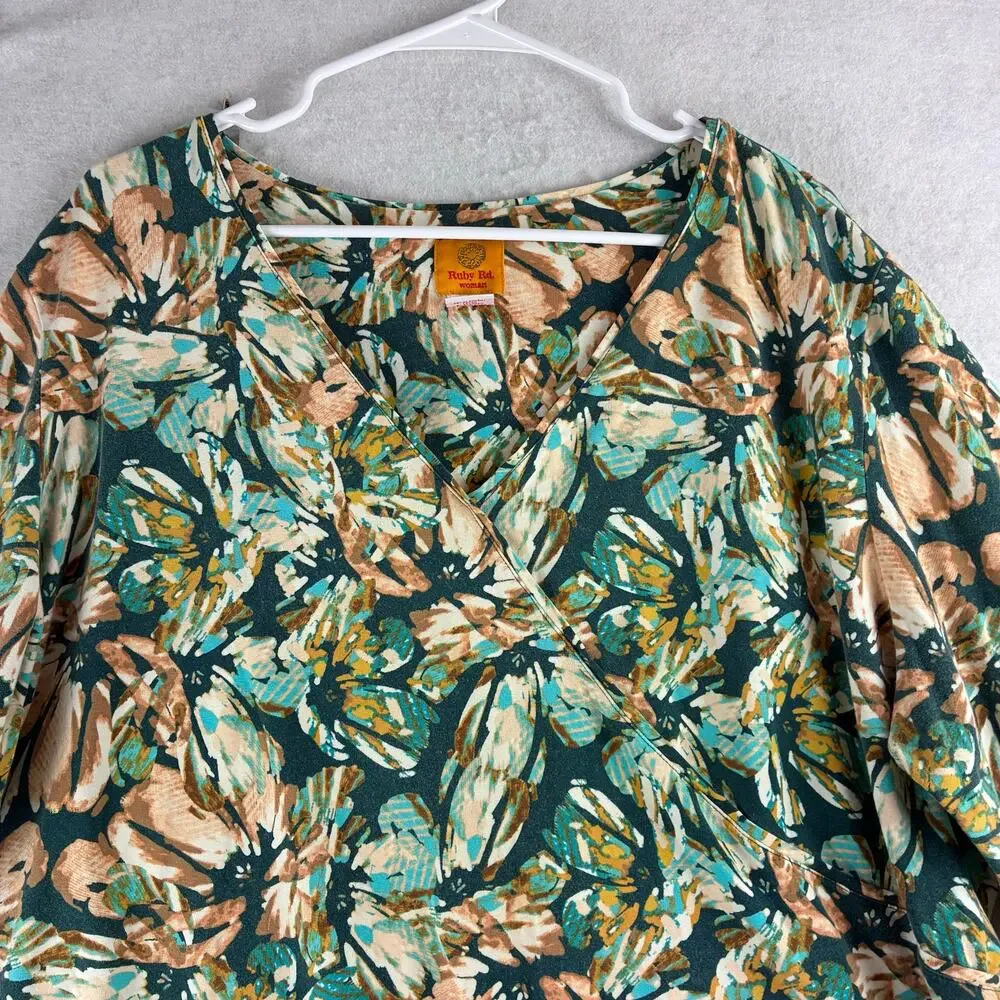 Ruby Rd. 3/4 Sleeve Tunic Top Womens 3X Magnolia Print Peach Teal Mature Comfort